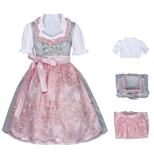 Robe Blouse / Chemise Tablier Floral Femme de ménage Bavarois Munich Oktoberfest Prairies Fille Soirée Fête de la Bière Tissu de style traditionnel