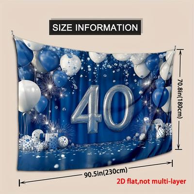 TEMU 1pc Silver Blue Polyester 40th Birthday Party Backdrop Banner, Versatile For Weddings, Bridal Showers, Anniversaries, Day, Easter, Valentine's Day, No Power Needed, 39x59in-70.8x90.5in Image