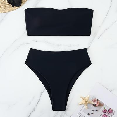 TEMU A Stylish And Sexy Black Strapless Bikini Set With A Tie-, Featuring A Flattering Fit And Removable Padding, In A Solid Color And . Image