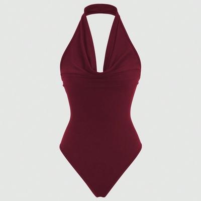 TEMU Women's Y2k Style Solid Color Halter Neck Bodysuit - Off-shoulder, Backless, Stretchy Polyester, Machine Washable, Burgundy, Wear Image