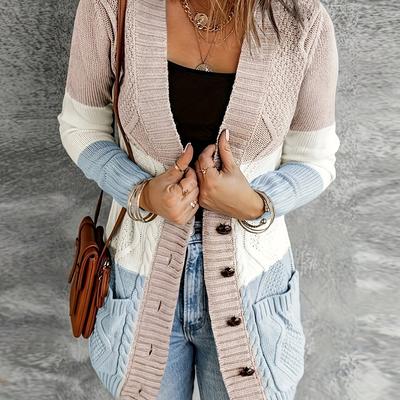 TEMU Color Block Dual Pockets Cardigan, Casual V Neck Button Front Cable Knit Long Sleeve Cardigan, Women's Clothing Image