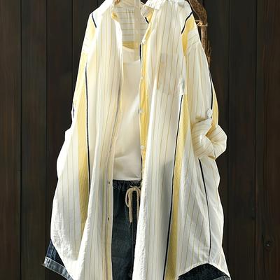 TEMU Elegant Plus Size Women's Asymmetrical Hem Button- Shirt - Striped Long Sleeve Top, Machine Washable Casual Spring/fall Blouse For Casual Attire, Apparel | Nontransparent Fabric Image