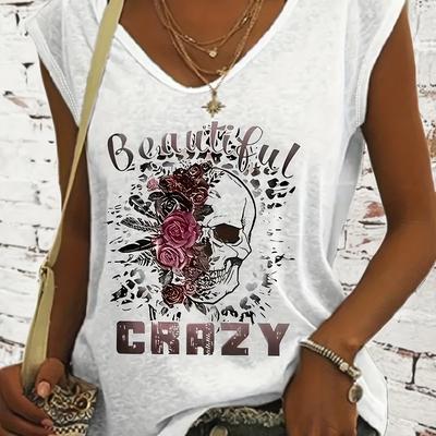 "TEMU Women's Casual V-neck Short Sleeve T-shirt - Loose Fit Geometric Floral Skull & Print With "beautiful Crazy" Text - Summer Machine Washable Top, Everyday , Breathable Fabric" Image