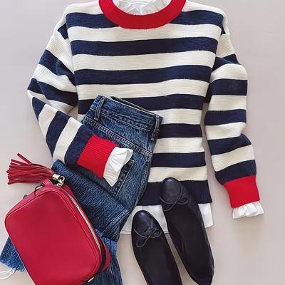 TEMU Women's Chic Striped Drop Shoulder Sweater - Cozy Pullover With Fringe Detail, Round Neck, Lightweight For Fall/, Casual , Ladies Sweaters Image