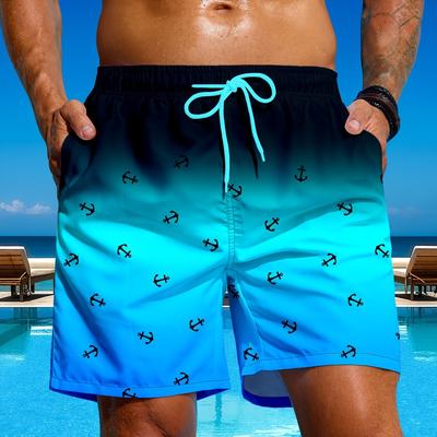 TEMU Men' Anchor Print Graduated Swim Trunks With Drawstring - , Purple, Pink, And Orange Design, Non-stretch Fabric, Beach Vacations, Beach Vacation Wear|vibrant Swimwear|drawstring Trunks Image