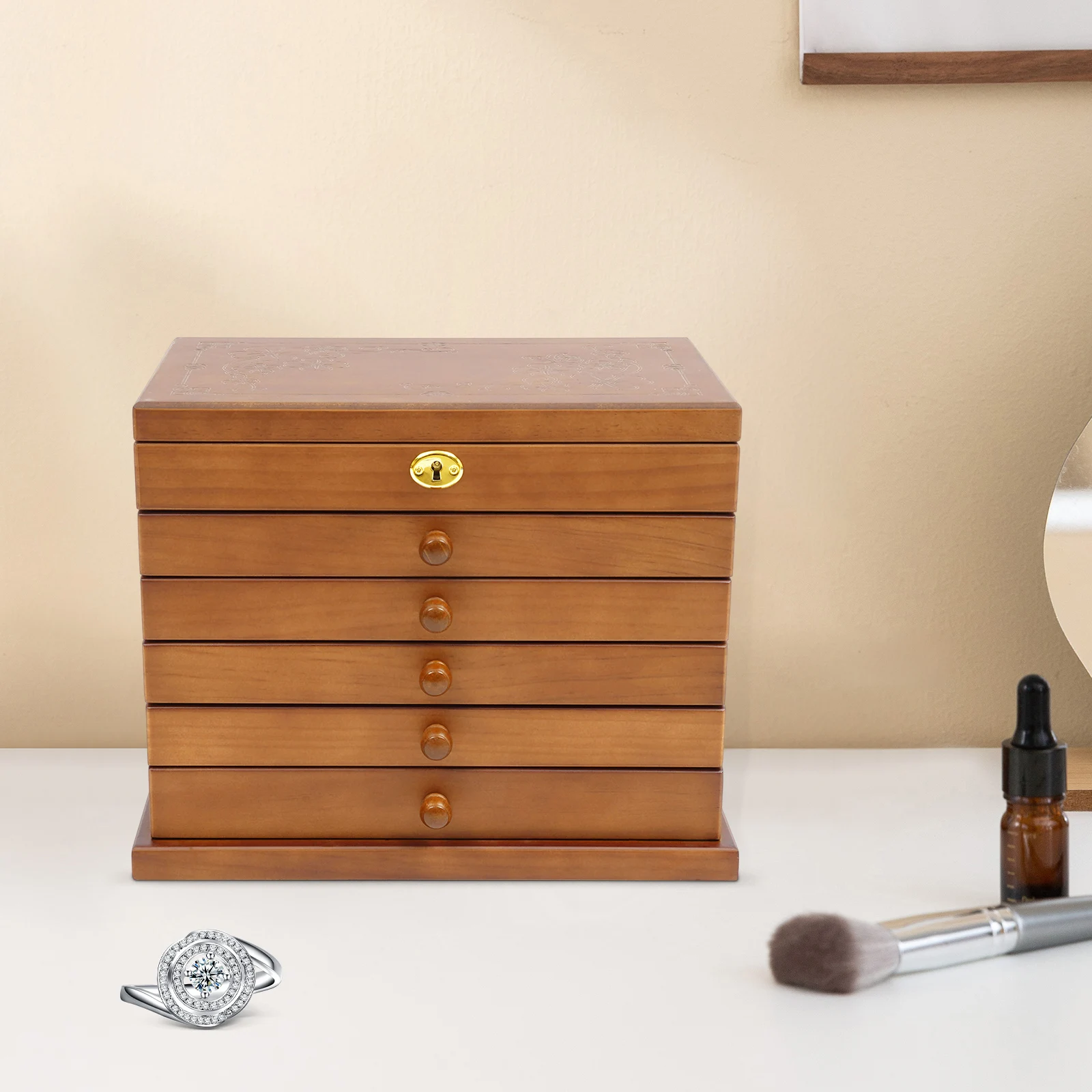 6-stufige Schmuckschatulle aus Holz, braune Box, Geschenk-Aufbewahrungsbox, Schmuckschrank mit Spiegel und Schloss für Schmuck, Ringe, Halsketten