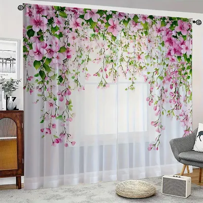 2 pieces HD digital Green leaves and red flowers printed window screen home decor style decoration living room window curtain