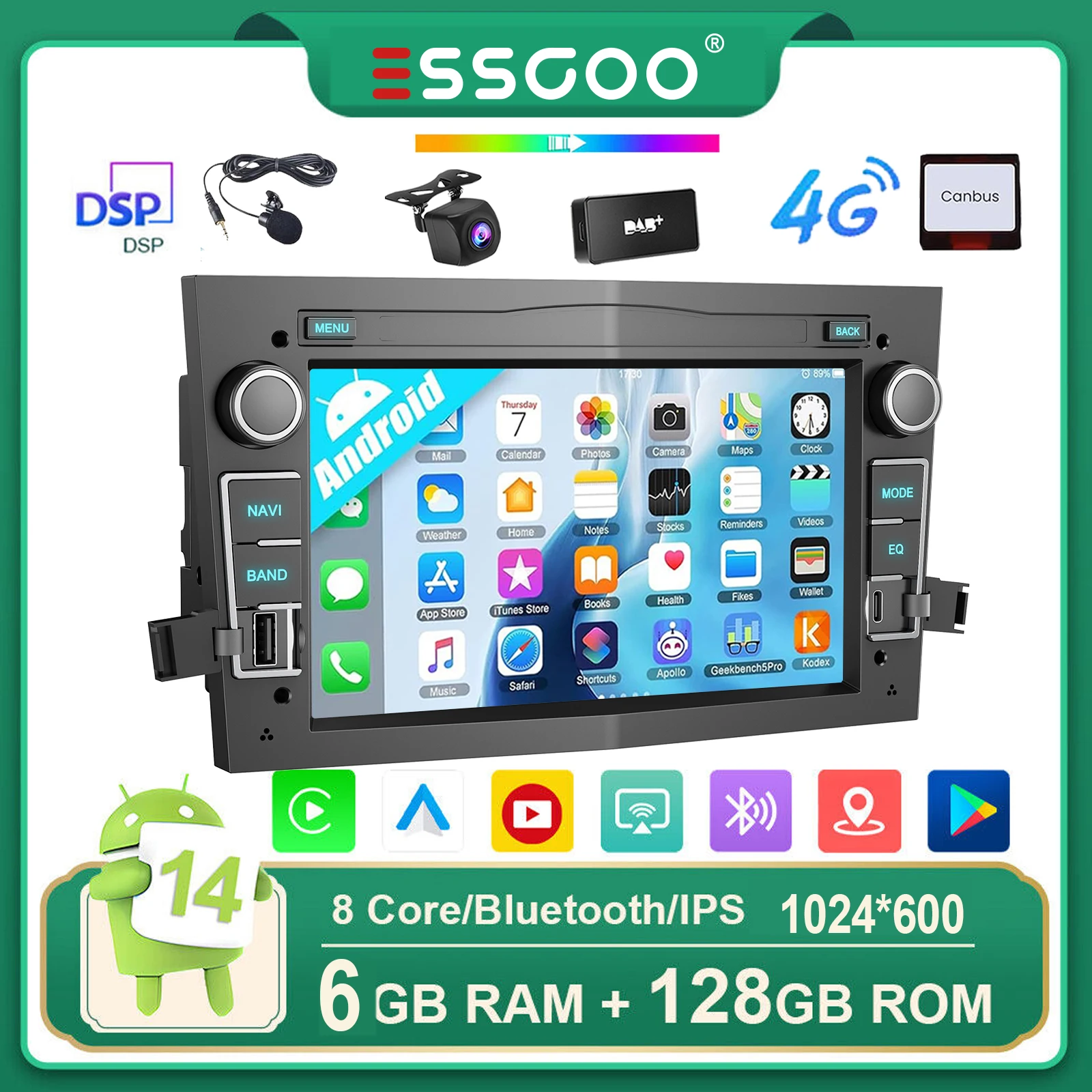 ESSGOO Für Opel Astra H Corsa C D Vectra Zafira B 6+128GB Android 14 Wireless CarPlay Android Auto 7 Zoll HD Touchscreen Autoradio 4G WiFi DSP GPS Navigation Mirror Link SWC Bluetooth USB 7 Farben Image