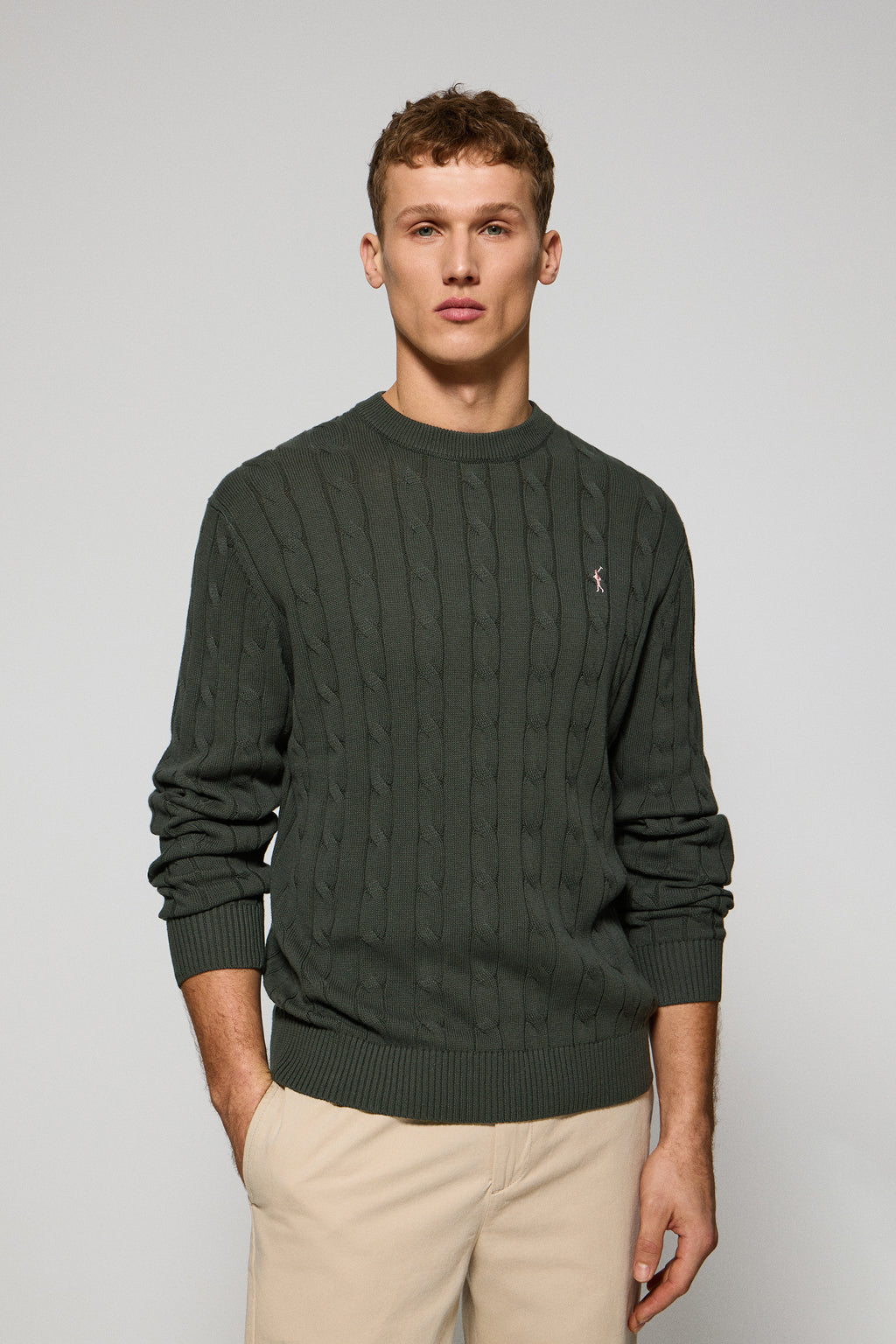 Zopfstrickpullover steingrau mit Rundkragen und Rigby Go Stickerei Image