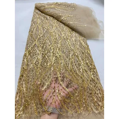 African Beaded Lace Fabric 2024 High Quality Lace Nigeria Sequins French Bead Lace Fabric Material