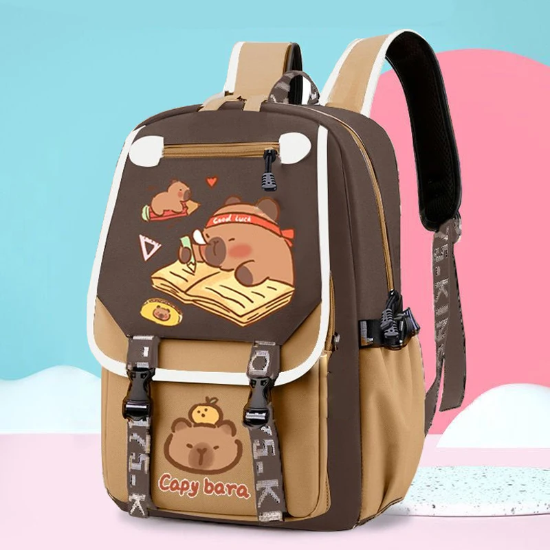 Kawaii Capybara élégant kaki enfant sac à dos sac d'école sac à dos décontracté adolescents garçon fille sac à bandoulière enfants cartable sac à dos ﻿
