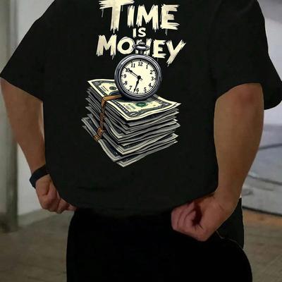 "TEMU Men's Casual Short Sleeve T-shirt With "" Clock & Stack Of Cash Graphic - Lightweight Polyester, Loose Fit, Round Neck, Outdoor Wear, Relaxed Fit Shirt | Graphic Tee | Glossy Texture" Image