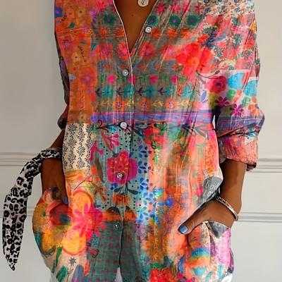 TEMU Vibrant Tropical Print Women's Collar Shirt - Casual Button-up With Long Sleeves, Travel, Daily & Summer , Travel Shirt | Vibrant Pattern | Stylish Image