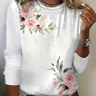 TEMU Women's Floral Print Long Sleeve T-shirt - Pink Roses & Green Foliage Design, Round Neck Casual Top, Machine Washable Spring/fall Seasonal Wear, Ladies T Shirts Image