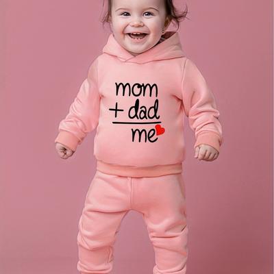TEMU Baby Girls Newborn Set Cartoon Love Solid Color Letter Mom Dad Me Print Long Sleeve Hooded Sweatshirt Trousers Two-piece Outdoor Set Image