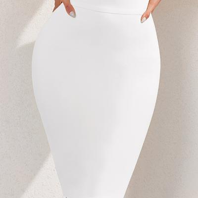 TEMU Women's Elegant White High-waist Pencil Skirt - Knee-length, Polyester, Knit Fabric, No Belt, Fashion, Skinny Fit, Stylish |minimalist Fashion|smooth Texture Image