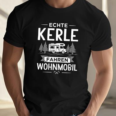 TEMU Men's Casual Short Sleeve T-shirt - Black Camping Graphic Tee With German Text & Design, Breathable Summer Top For , Regular Fit, Camping Accessories Image