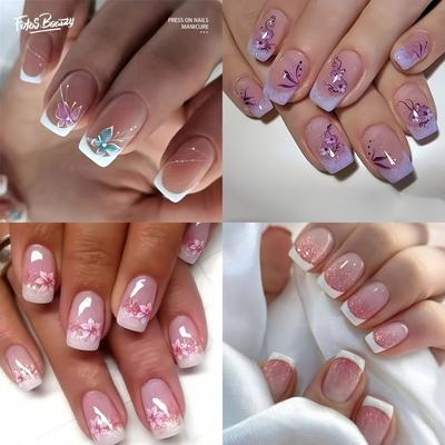 TEMU 4 Types (96pcs) Of Short French Pattern Press-on Nails 4 Styles And Used For Image