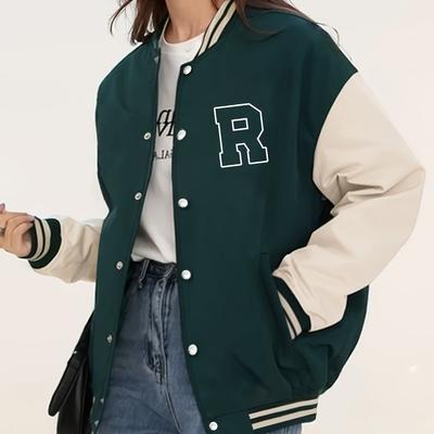 "TEMU Women's Casual Sports Baseball Jacket - Green With White Sleeves, "r" Logo, Wear, Casual Jacket|letter Logo Jacket|stretchy Fabric Jacket" Image