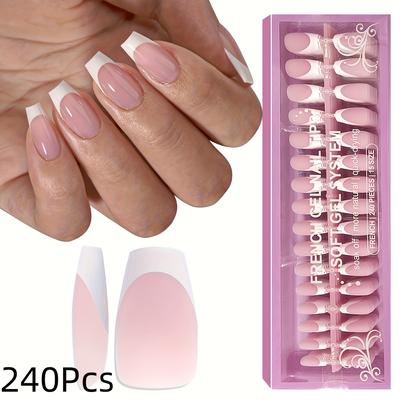 TEMU 240pcs Pink French Tip Medium Ballerina Press-on Nail Set With Removable And Tipped Base Coat, Soft Gel Tip With Building Gel And For Ladies Girls Easier Nail Correction Image