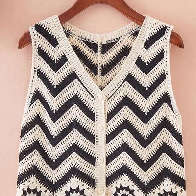 TEMU Women's Bohemian Style Sleeveless Vest, Casual V-neck Knit With Geometric Pattern, Hollow Embroidered Lace Detail, Acrylic 100% 150g/m² - Ethnic Chic Image