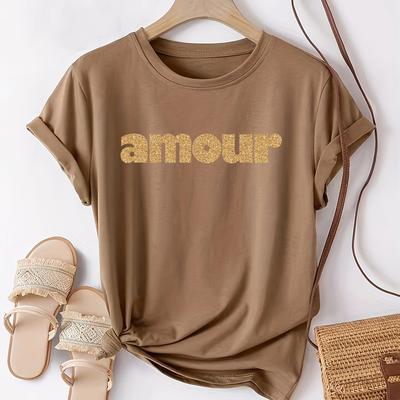 "TEMU Women's Casual Loose-fitting Short Sleeve T-shirt With "" - Beige, Round Neck, Summer Tee For Spring And Summer, Casual Summer Wear | Tee | , Ladies T Shirts" Image