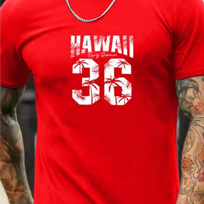 TEMU Men's Casual Graphic T-shirt - Hawaii 36 Print, Polyester Crew Neck, Summer Fashion Tee Image