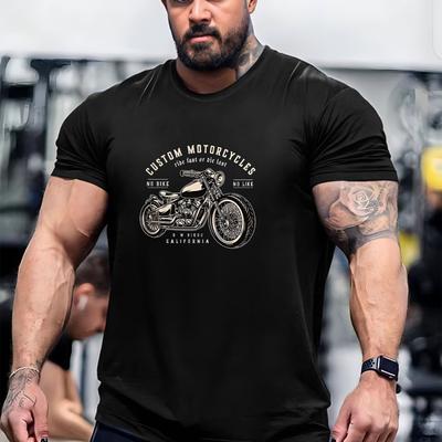 "TEMU Men' Motorcycle Graphic T-shirt - Casual Black Short Sleeve Crewneck Tee With "eastern Motorcyles" Print, Polyester, Ideal For Outdoor Activities, Plus Size" Image