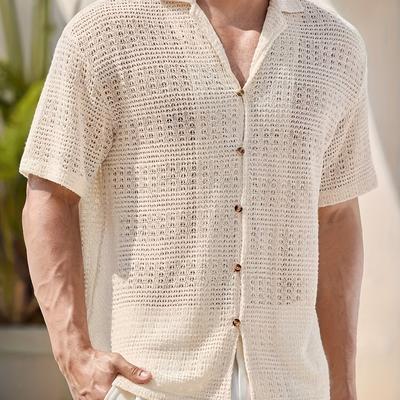 TEMU Men's Casual Crochet Knit Short Sleeve Shirt - Solid Color, Textured Design, Lightweight & Breathable Summer Blouse For Casual Attire Image
