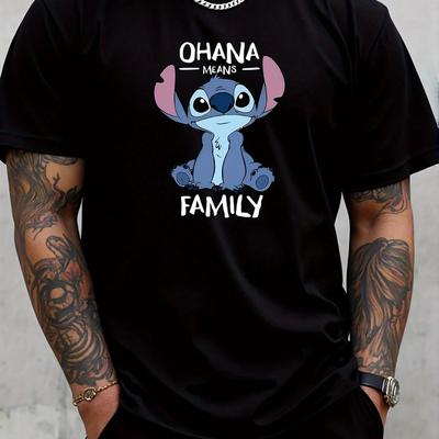 TEMU Stitch Family Men's Casual Short Sleeve T-shirt - Breathable Polyester, Round Neck, Cartoon Print Sleepwear (authorized), Casual Loungewear | Graphic Tee | Comfortable Casual Wear Image