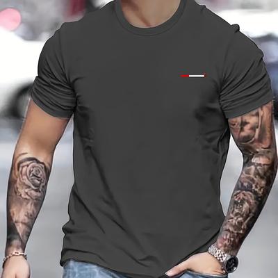 TEMU Men' Crew Neck Short Sleeve T-shirt With Red & Print - Lightweight Polyester, Comfortable Casual Summer Style, Casual Attire, Sporty Tshirt | | Glossy Texture Image