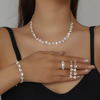 TEMU Bridal Wedding Photography Set Fashion Minimalist Style Sparkling Crystal Footprint Necklace Bracelet Earrings Ring Four-piece Set Image
