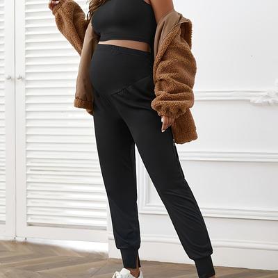 TEMU Stretchy Maternity Casual Pants - High Waist, Solid Color, Comfortable & Breathable For Pregnant Women, Wear, Comfortable Pregnancy Clothes | Highwaist Design | Smooth Texture Fabric Image