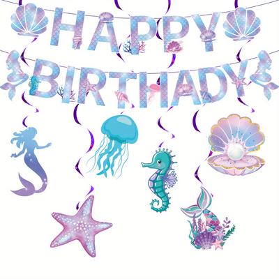 TEMU Mermaid Birthday Banner Mermaid Birthday Decorations Happy Birthday Banner And Hanging Swirls For Girls And Boys, Baby Shower, Under The Sea Party Supplies (mermaid) Image