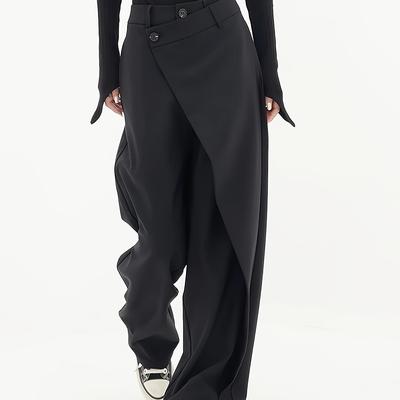 TEMU Women's High-waist Asymmetrical Office Pants - Casual Black Straight Leg Trousers With Side Slit, Polyester, Lightweight & Breathable For , Cute Pants Image
