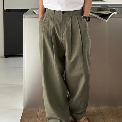 TEMU Men's Casual Linen Straight-leg Pants With Pockets, Non-stretch Solid Color Regular Length Loose Fit Trousers For All Image