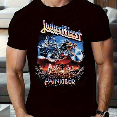 TEMU Men's Graphic-shirt Black Casual-shirt With Rock , Comfortable Round Neck, Music Fans, Clothing Rockband Tee Washable, Tape-shirts Image