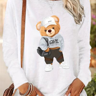 TEMU Women's Casual Cartoon Bear Graphic Print Long Sleeve T-shirt, Crew Neck Polyester Knit Fabric Top For Spring & Fall, Regular Fit Pullovers With Applique Detail - 100% Polyester Image