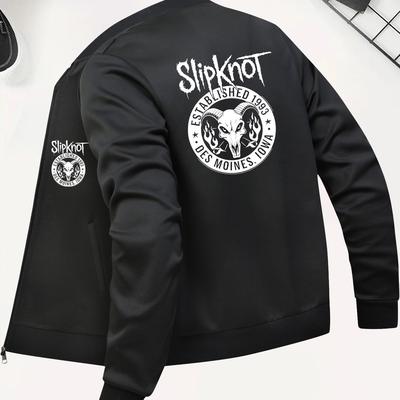 TEMU [] Men's Slipknot Graphic Jacket - Black Baseball Collar, Zip-up With Pockets, Stretch Polyester Blend, Wear, Machine Washable Image