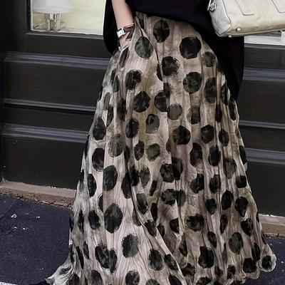 TEMU Vintage Polka Dot High-waist Maxi Skirt For Women - A-, Loose Fit With Elastic Waistband, Red & Beige Pattern, Spring/summer/fall, Spring Fashion, Retro Style, Flowy Fabric Image