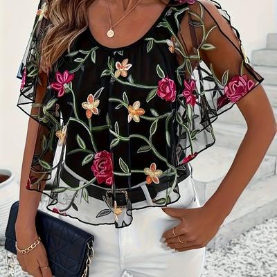 TEMU Women's Plus Size Elegant Embroidered Mesh Panel Tank Top - , Sheer Sleeveless V-neck, Lightweight Polyester For Spring/summer, Spring Fashion | Floral Embroidery | Glossy Textur Image