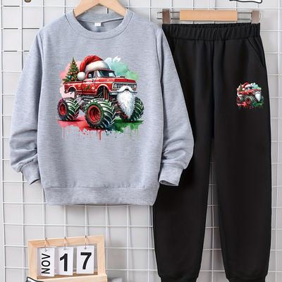 TEMU 1set Kids Christmas Cartoon Truck Print Long Sleeve Sweatshirt And Pants Set, , Polyester And Spandex , Stretch Fabric, Loose Fit, Knitted, For Spring/autumn - Boys' Outfit, For Outdoor Image