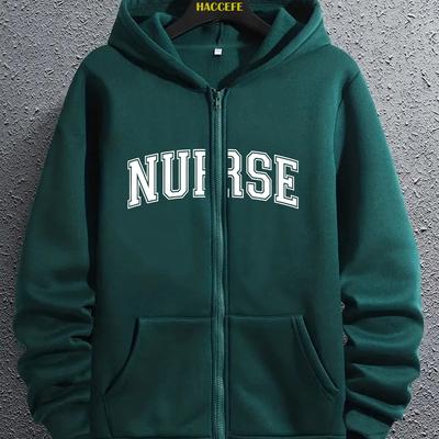 TEMU Casual Knit Polyester Hoodie With Alphabet 'nurse' Print, Zip-up Kangaroo Pocket Long Sleeve Hooded Sweatshirt For All Image