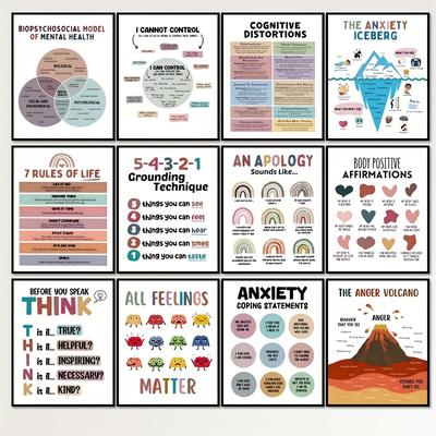 TEMU 12pcs Inspirational Mental Health Poster Set - Positive Relax Office Decor, Group And Classroom Counseling Wall Art, Perfect Room Decoration - 8x10 Inch Frameless Image