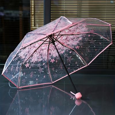 TEMU 1pc Transparent Cherry Pattern Folding Umbrella - 8-rib Lightweight Portable Manual Open Umbrella With Elegant For , Outdoor Travel & Daily Use, Stylish Accessory, Durable Canopy Image