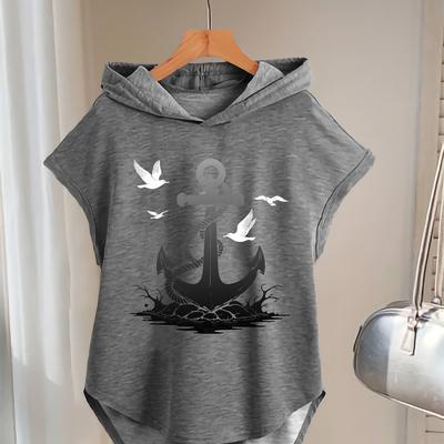 TEMU A Stylish Women's Tank Top With A Boat Anchor Pattern And Batwing Sleeves. Image