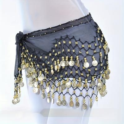 TEMU Vintage Dance Hip Scarf With & Crystal Beads - Breathable, Decorative Waist Chain For Professional Dance Performances, Dance Hip Scarf | Coin Embellished | Woven Texture, Dance Scar