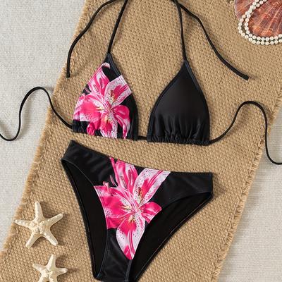 TEMU Black Halter Sexy Bikini With Straps, Backless Low-rise Thong And Floral Print Image