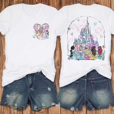 TEMU Women's Casual Short Sleeve T-shirt - Princess Castle Balloons Fireworks Graphic Print, Applique Design, Summer Fashion Round Neck Top For Fans, Princess Party Decorations, Fan Merchandise, Image