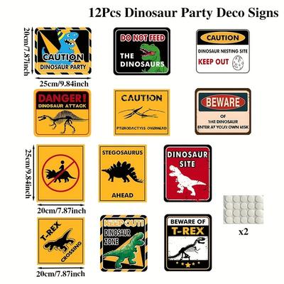 TEMU 12pcs Dinosaur Party Wall Decorations - Fun Yellow Caution Signs With & Themes, Door & Window Banners For Showers, Birthdays, And Garden Parties, Party Decorations Image